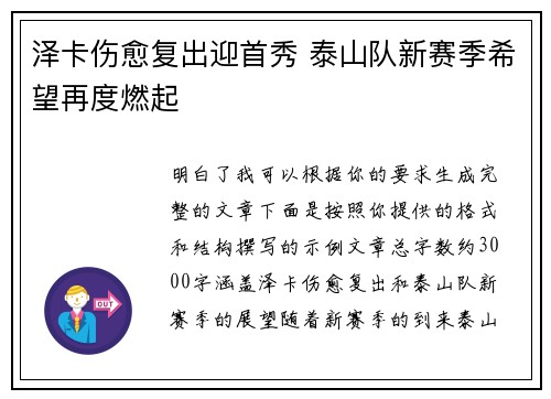 泽卡伤愈复出迎首秀 泰山队新赛季希望再度燃起